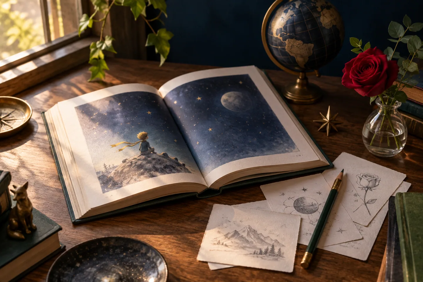 星とバラをモチーフに、本を読み考える時間を表したイメージ
