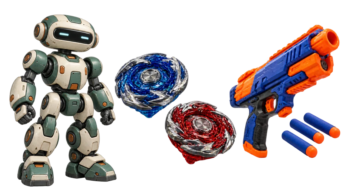 欲しいもののイメージ：ロボットのプラモデル、対戦するコマ、スポンジ弾のおもちゃ